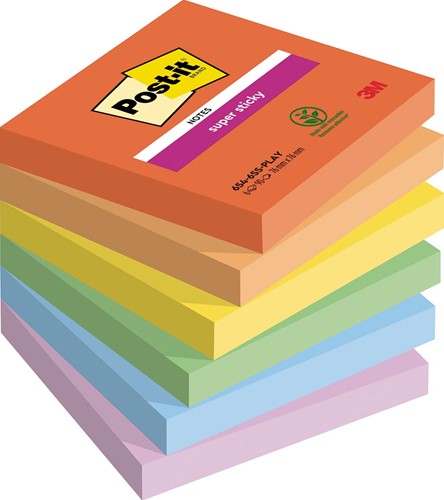 Post-it Super Sticky Notes Playful, 90 feuilles, ft 76 x 76 mm, couleurs assortis, paquet de 6 blocs