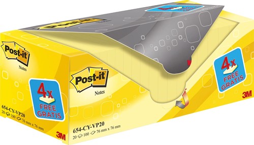 Post-it Notes, 100 vel, ft 76 x 76 mm, geel, pak van 16 blokken + 4 gratis