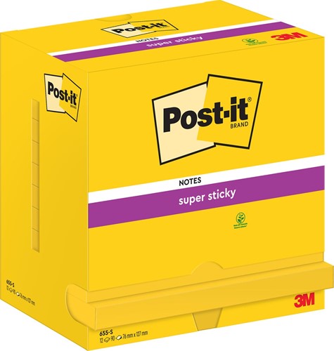 Post-it Super Sticky notes, 90 vel, ft 76 x 127 mm, pak van 12 blokken, neongeel 12 Stuk