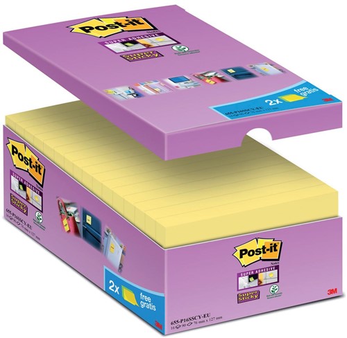 Post-it Super Sticky notes, 90 vel, ft 76 x 127 mm, geel, pak van 14 blokken + 2 gratis 16 Stuk