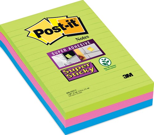 Post-it Super Sticky notes XXL, 90 vel, ft 102 x 152 mm, geassorteerde kleuren, pak van 3 blokken 3 Stuk