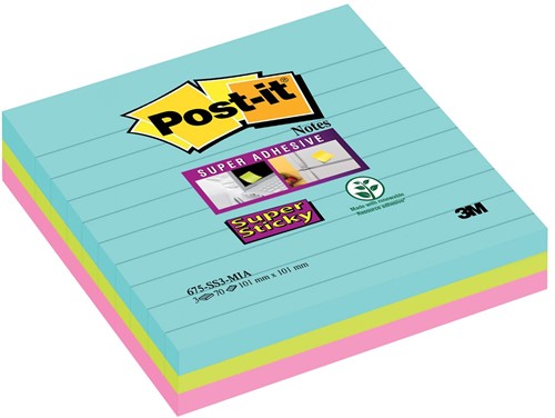 Post-it Super Sticky notes XL Cosmic, 70 vel, ft 101 x 101 mm, gelijnd, geassorteerde kleuren, pak van 3 3 Stuk