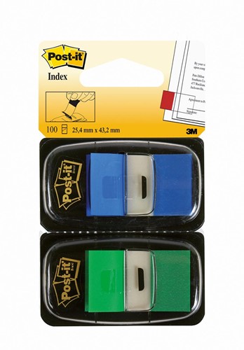 Post-it Index Standard Duo Pack, 100 tabs, vert/bleu