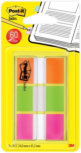 Post-it Index standard, ft 25,4 x 43,2 mm, blister avec 3 couleurs, 20 tabs par couleur 60 Stuk