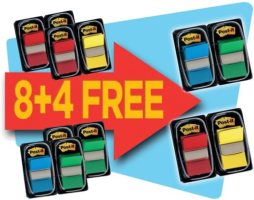 Post-it Index Standaard voordeelpak 8+4 GRATIS, geassorteerde kleuren