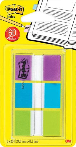 Post-it Index standard, ft 25,4 x 43,2 mm, blister avec 3 couleurs, 20 cavaliers par couleur 60 Stuk