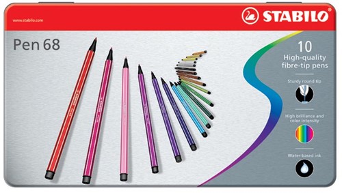 STABILO Pen 68 feutre, boîte métallique de 10 stiften en couleurs assorties