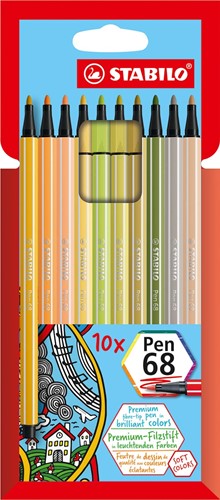 STABILO Pen 68 feutre, étui en carton de 10 pièces en couleurs douces assorties 10 Stuk