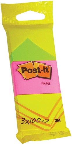 Post-it Notes, 100 feuilles, ft 38 x 51 mm, blister de 3 blocs en jaune néon, rose guava et vert néon