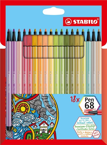 STABILO Pen 68 feutre, étui en carton de 18 pièces en couleurs douces assorties 18 Stuk