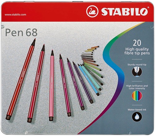 STABILO Pen 68 feutre, boîte métallique de 20 stiften en couleurs assorties