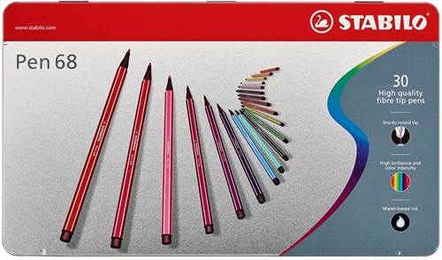 STABILO Pen 68 viltstift, metalen doos van 30 stiften in geassorteerde kleuren 30 Stuk