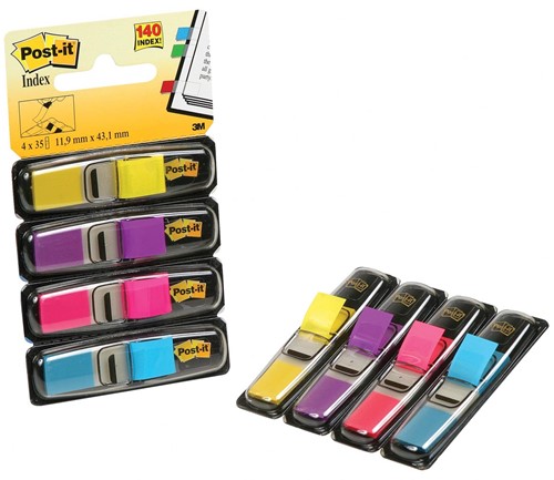 Post-it Index Etroit, 4 x 35 onglets, jaune, pourpre, rose et bleu clair
