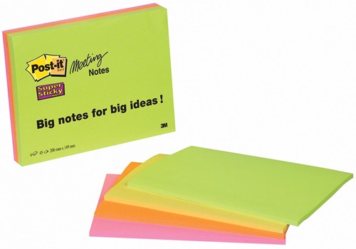 Post-it Super Sticky Meeting notes, 45 feuilles, ft 152 x 203 mm, couleurs assorties, paquet de 4 blocs 4 Stuk