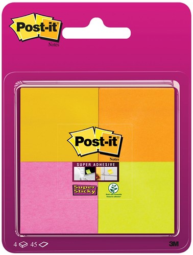 Post-It Super Sticky notes, 45 vel, ft 47,6 x 47,6 mm, blister van 4 blokken in geassorteerde kleuren 4 Stuk
