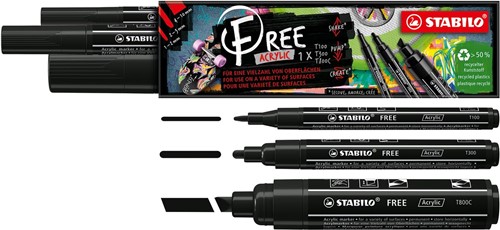STABILO free marqueur acrylique, différents formats, noir, paquet de 3 pièces