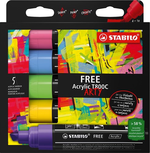 STABILO free marquer acrylique T800 Seaside, pointe biseautée, 4-10 mm, paquet de 5 pièces