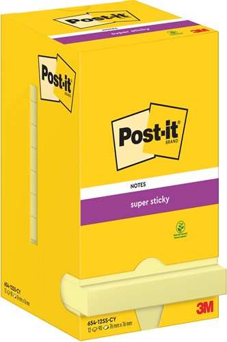 Post-It Super Sticky Notes, 90 feuilles, ft 76 x 76 mm, jaune, paquet de 12 blocs