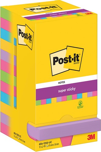 Post-It Super Sticky Notes, 90 feuilles, ft 76 x 76 mm, assorti, paquet de 12 blocs