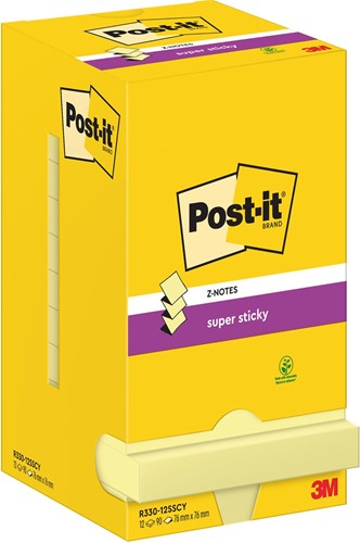 Post-It Super Sticky Z-Notes, 90 feuilles, ft 76 x 76 mm, jaune, paquet de 12 blocs