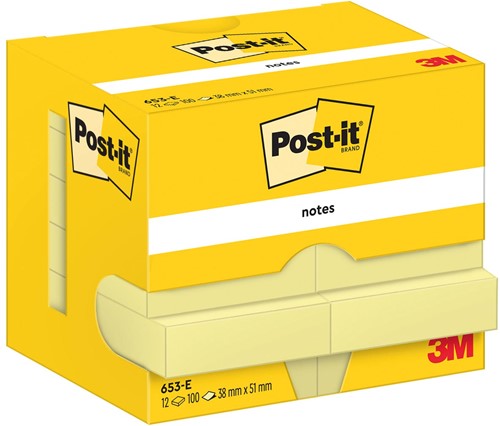 Post-It Notes, 100 vel, ft 38 x 51 mm, geel, pak van 12 blokken