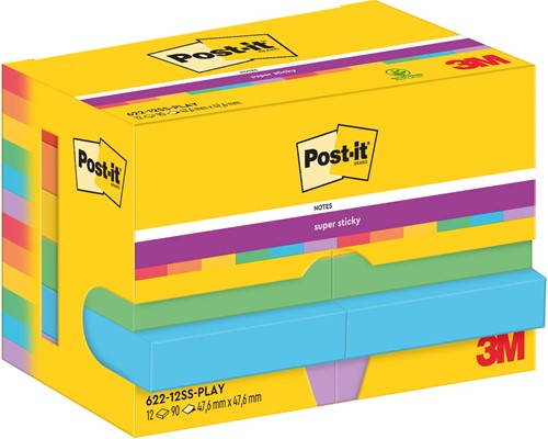 Post-It Super Sticky Notes Playful, 90 feuilles, ft 47,6 x 47,6 mm, paquet de 12 blocs