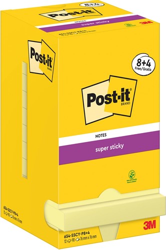 Post-It Super Sticky Notes, 90 vel, ft 76 x 76 mm, geel, 8 + 4 GRATIS