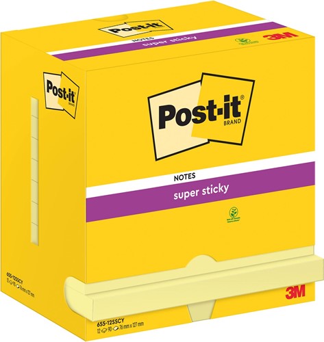 Post-It Super Sticky Notes, 90 feuilles, ft 76 x 127 mm, jaune, paquet de 12 blocs
