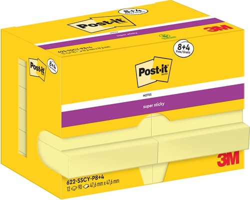 Post-It Super Sticky Notes, 90 feuilles, ft 47,6 x 47,6 mm, jaune, 8 + 4 GRATUIT
