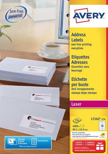 Avery L7162, Etiquettes adresses, Laser, Ultragrip, blanches, 250 pages, 16 per page, 99,1 x 33,9 mm 250 Vel