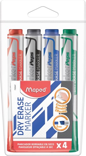 Maped marqueur tableau blanc Jumbo, pointe biseautée, étui de 4 pièces en couleurs assorties