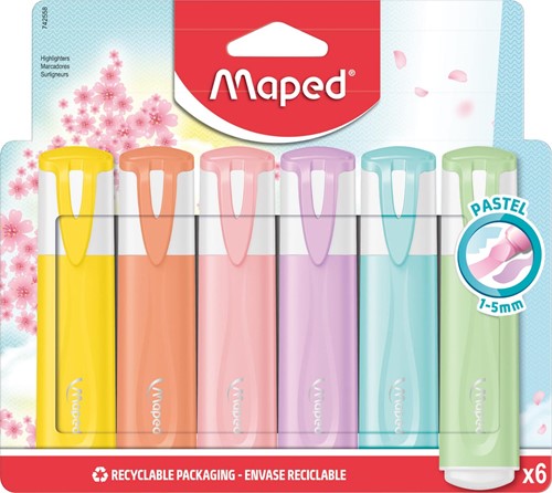 Maped markeerstift Color'Peps, geassorteerde pastelkleuren, 6 stuks in een ophangetui