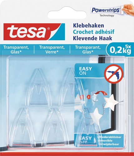 Tesa crochet adhésif pour des surfaces intérieures transparentes et verre, supporte 200 g 5 Stuk
