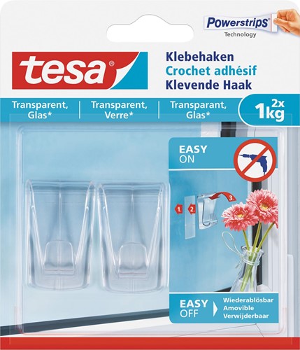 Tesa crochet adhésif pour des surfaces intérieures transparentes et verre, supporte 1 kg 2 Stuk