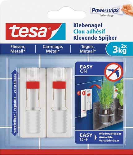 Tesa clou adhésive pour carrelage et métal, réglable, supporte 3 kg, blister de 2 pièces 2 Stuk