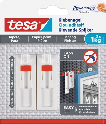 Tesa clou adhésive pour papier et plâtre, réglable, supporte 1 kg, blister de 2 pièces 2 Stuk