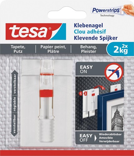 Tesa clou adhésive pour papier et plâtre, réglable, supporte 2 kg, blister de 2 pièces 2 Stuk