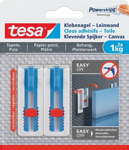 Tesa Clou adhésif Toile, supporte 1 kg, papier peint et plâtre, blanc, 2 clous et 3 languettes