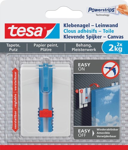 Tesa Clou adhésif Toile, supporte 2 kg, papier peint et plâtre, blanc, 2 clous et 6 languettes