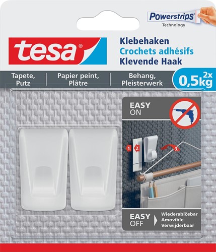 Tesa Crochet adhésif, supporte 0,5 kg, papier peint et plâtre, blanc, 2 crochets et 3 languettes