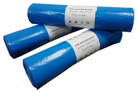 Afvalzak, ft 65/25 x 140 cm, blauw, LDPE, 10 x rol van 10 stuks