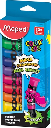 Maped Color'Peps gouache, tubes de 12 ml,  boîte distributrice avec 12 tubes en couleurs assorties