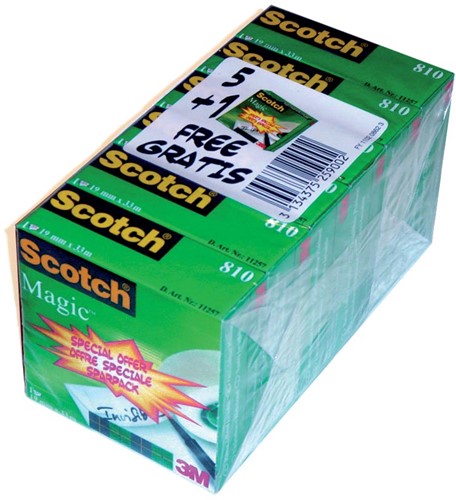 Scotch ruban adhésif Magic Tape, ft 19 mm x 33 m, paquet de 6 rouleaux