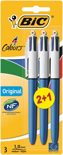 Bic 4 Colours Original stylo bille 4 couleurs, moyen, 4 couleurs d'encre classique, corps bleu, sous blis