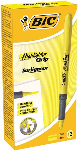 Bic markeerstift Highlighter Grip, geel, doos van 12 stuks 1 Stuk