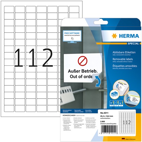 Etiket HERMA 4211 25.4x16.9mm verwijderb wt 2800st 25 Vel