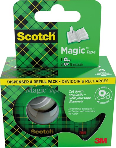 Scotch Magic Tape ruban adhésif ft 19 mm x 7,5 m, dérouleur + 3 rouleaux, boîte brochable