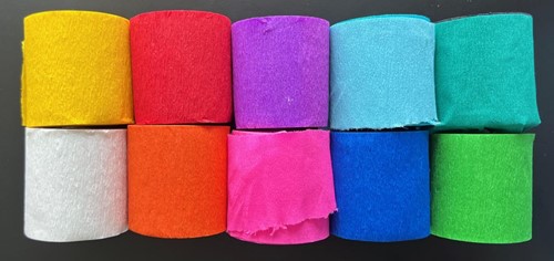 Folia crêpepapier, ft 100 x 5 cm, op rol,  geassorteerde kleuren, pak van 10 stuks