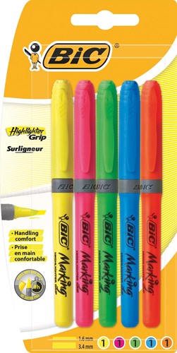 Bic markeerstift Highlighter Grip, blister van 5 stuks in geassorteerde kleuren