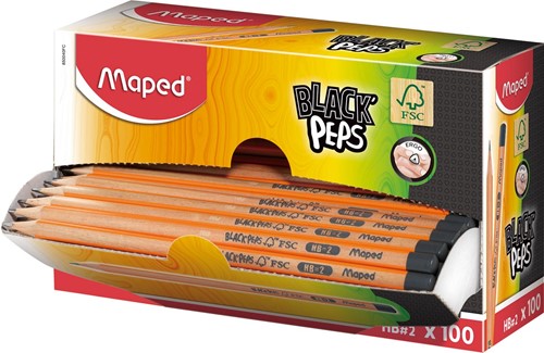 Maped crayon Black'Peps HB, sans gomme, boîte de présentoir cartonné de 100 pièces